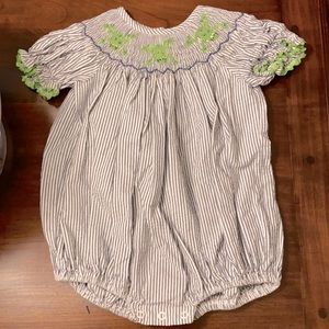 Blue and White Frog Smocked Bubble